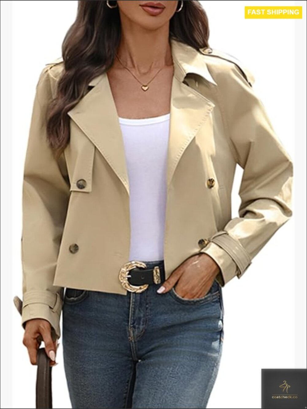 Cropped Trench Coat Notch Lapel Double Breasted Oversized Jacket Long Sleeve